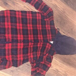 Red and Black Plaid Hooded Shirt